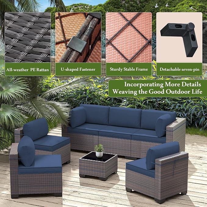 13 Pieces Outdoor Patio Furniture Set,Outdoor Sectional Furniture with 43" 55000 BTU Gas Propane Fire Pit Table,PE Rattan Wicker Patio Conversation Set,Swivel Rocking Chairs Set,Navy Blue