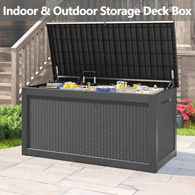Bifanuo Outdoor Storage Box, 300 Gallon Deck Boxes Waterproof, Resin Storage Cabinet Multi Functional Storage Bench For Gardening Tools, Pool Supplies, Patio Furniture, Lockable