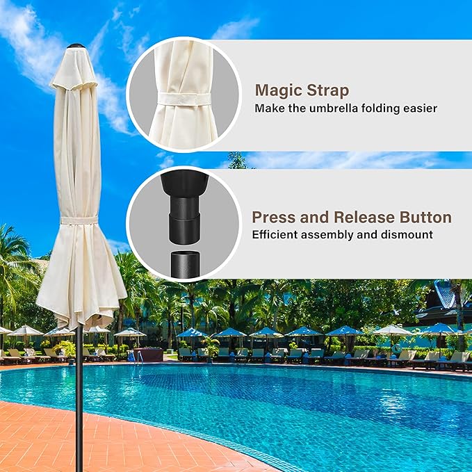 HealSmart 9' Patio Table Umbrella with Button Tilt, 8 Sturdy Ribs, 50lbs Base Stand Included, for Garden, Backyard, Deck, Pool, Beige