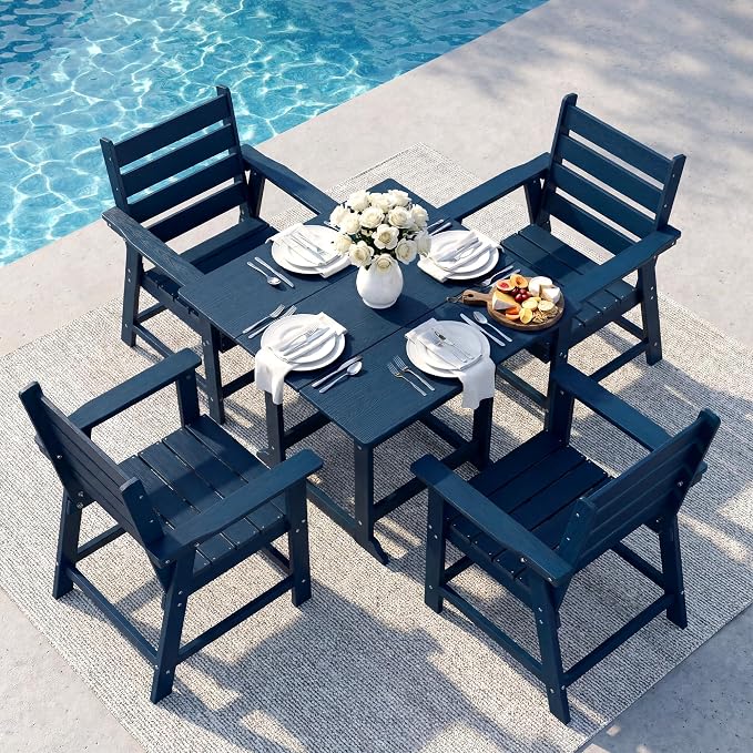 5 Piece Patio Dining Set, HDPE All-Weather Furniture with 4 Chairs & 1 Square Table, for Backyard, Garden, Navy Blue