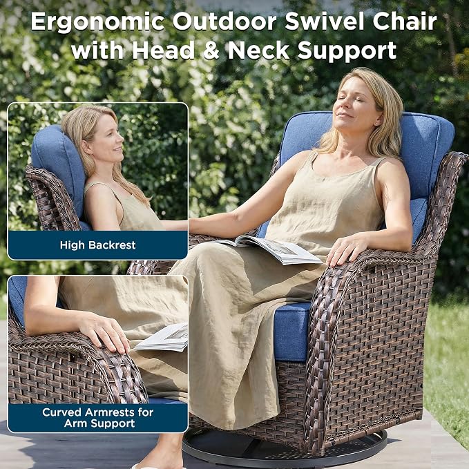 Luxury Patio Furniture Set with Fire Pit Table-8 Pieces All Weather Outdoor Swivel Rocker Chairs with Sofa and Ottomans. Outdoors Patio Conversation Sets for Porch Deck Garden(Brown/Blue)