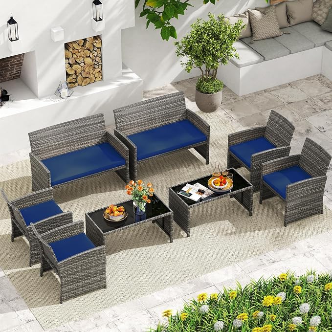 HAPPYGRILL 8 Piece Rattan Wicker Patio Conversation Set, Outdoor Furniture with Chair Loveseat Table & Cushion, for Backyard Porch Balcony (2, Navy)