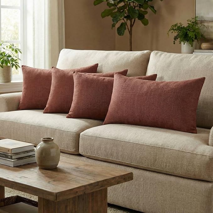 RSH DECOR: Designer Select Sunbrella 26" x 16" Lumbar Throw Pillows Set of 4 | Water and Fade-Resistant Performance Fabric | Indoor Outdoor Accent Pillows | Made in USA (Essential Russet)