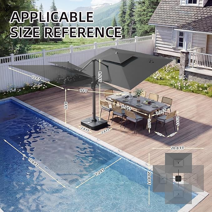 9 X 12 FT Cantilever Patio Umbrella with Led Lights and Base Included Heavy Duty Outdoor Double Top Large Rectangle Offset Umbrellas with 360-degree Rotation for Garden Pool Deck Backyard, Grey