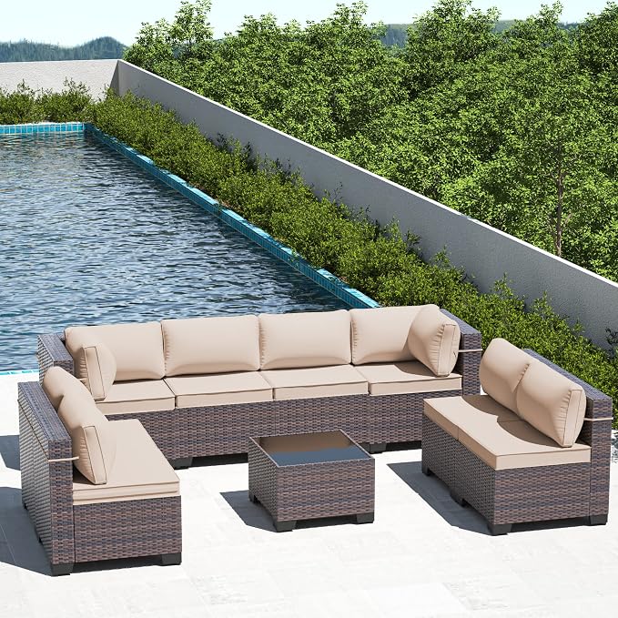 9 Pieces Outdoor Patio Furniture Set,Outdoor Sectional Furniture All Weather PE Rattan Wicker Patio Conversation Set with Coffee Table and 8 Thickened Cushions,Sand