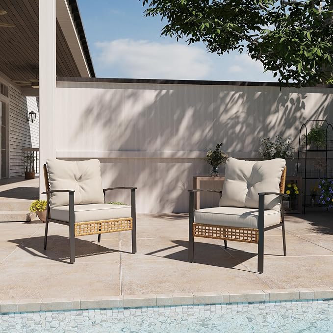 LAUSAINT HOME Outdoor Rattan Bistro Set, Patio Furniture Wicker Chairs Set of 4 with Deep Seating and Thick Cushions, Oversize Conversation Set for Garden, Balcony and Backyard (Beige)