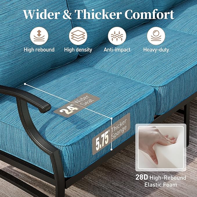 SUNSHINE VALLEY 7 Piece Metal Outdoor Patio Furniture Set, Patio Conversation Sets 3-seater Sofa, 4 Fixed Chair, 2 Ottomans with 5.75" Thick Cushion, Black All-weather Frame Backyard Furniture, Blue-2