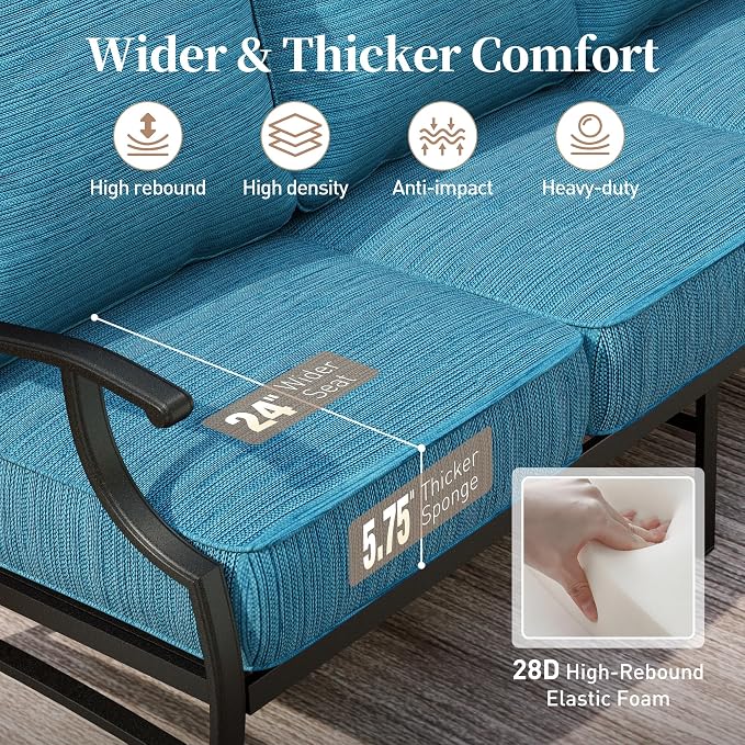 SUNSHINE VALLEY 5 Piece Metal Outdoor Patio Furniture Set, Patio Conversation Sets 3-seater Sofa, 2 Fixed Chair, 2 Ottomans with 5.75" Thick Cushion, Black All-weather Frame Backyard Furniture, Blue-2