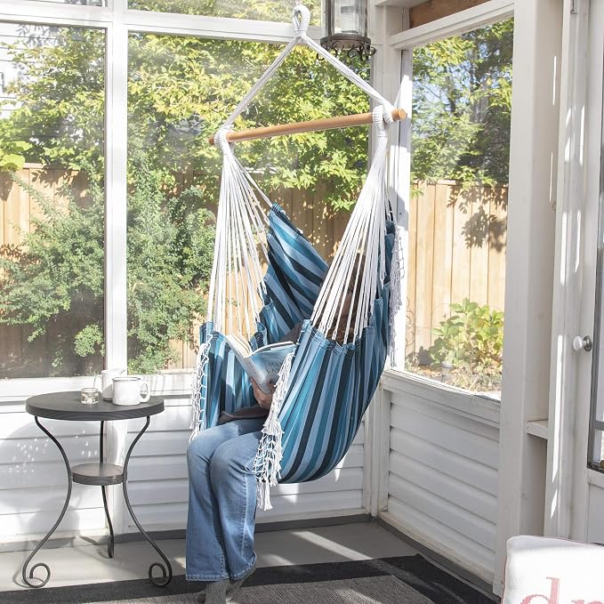 Vivere Cotton Hammock Chair with Hardwood Spreader Bar - 250 lb Capacity (Blue Lagoon)