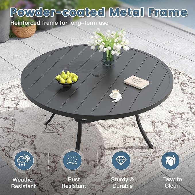 DIFY Outdoor Dining Set for 8, Patio Dining Furniture Set Includes 53" Black Round Table with Adjustable Umbrella Hole and 8 Brown Stackable Metal Chairs for Poolside, Garden, Backyard