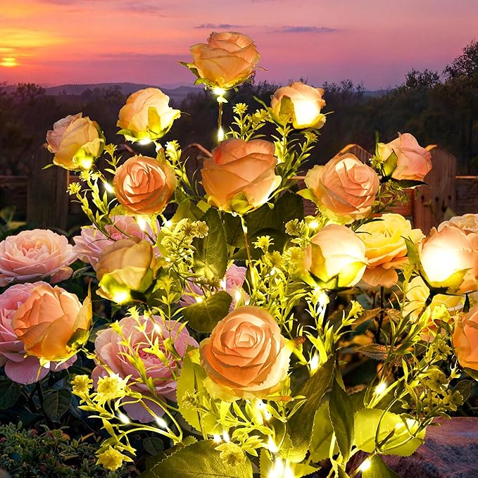 GIGALUMI Solar Lights Outdoor for Garden Decor, 2 Pack Solar Flower Lights Waterproof, 2 Lighting Modes 14 Roses for Pathway,Yard, Patio Decoration, Gardening Gifts for Women (Pink)