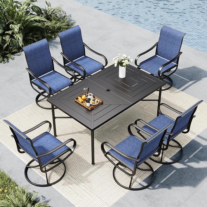 MFSTUDIO Patio Table and Chairs Set, Patio Dining Set for 6 with Umbrella Hole, Outdoor Patio Furniture Set for Deck, Backyard, Poolside & Garden