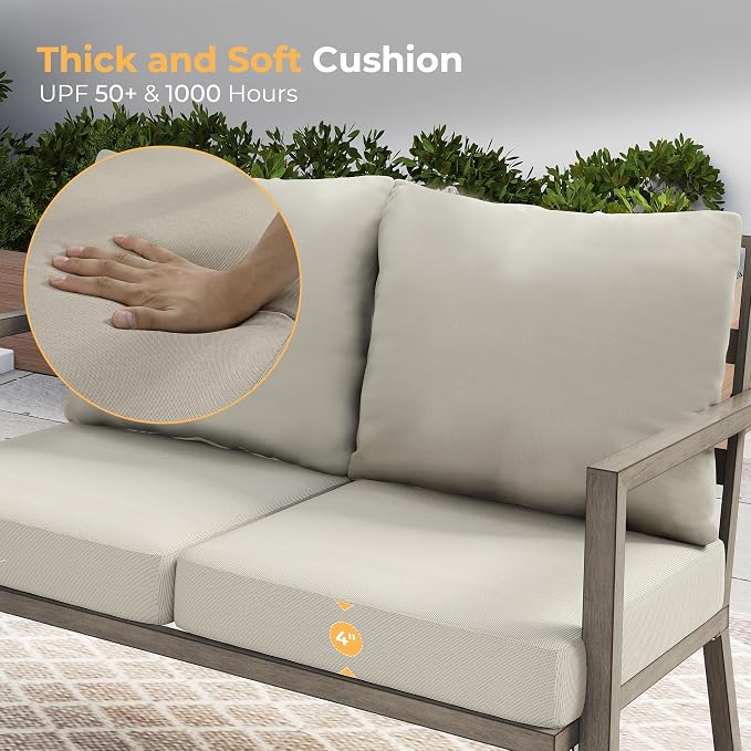 HAPPATIO Aluminum Patio Furniture Set, 4 Pieces Conversation Set with Thick Cushions and Coffee Table, All Weather Loveseat Waterproof and Rustproof for Garden, Backyard, Porch, Grey