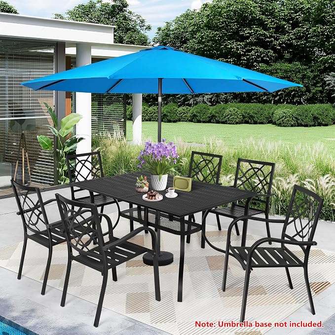 Incbruce 7 Pcs Outdoor Dining Set Wrought Iron Patio Dining Set with Sky Blue Umbrella, Dining Furniture Set (6 Dining Chair and 1 Rectangular Table with 1.57" Umbrella Hole) -Metal Tabletop
