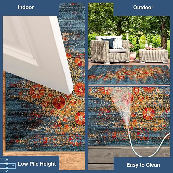 Liora Manne Marina Indoor/Outdoor Power Loomed Synthetic Blend Low Profile Area Rug - Contemporary Medallion Casual Colorful (Suzanie Blue) (8'10" x 11'9")