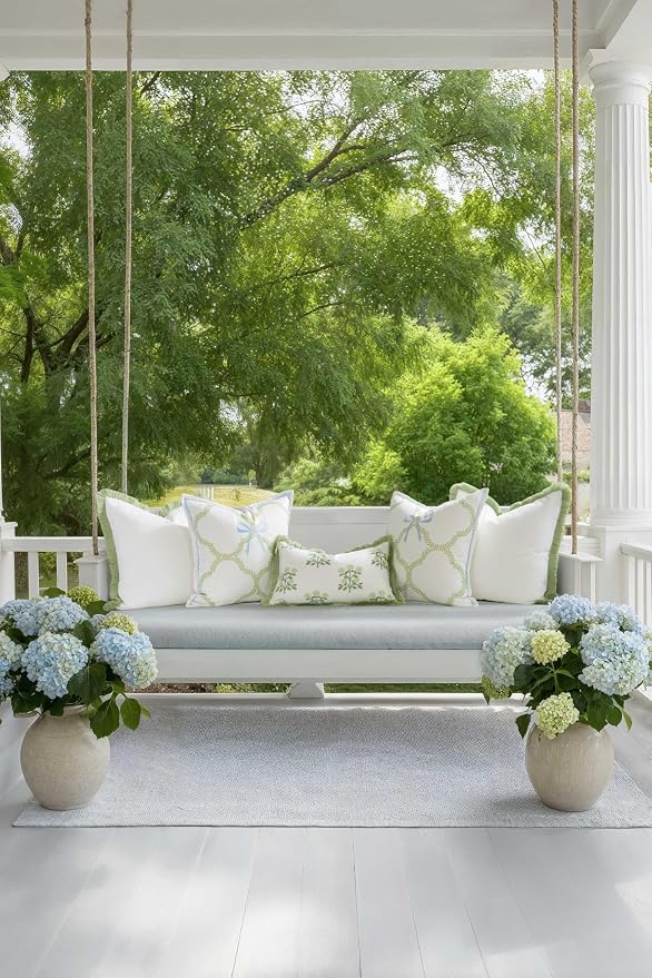 Hofdeco Premium Grandmillennial Coastal Hampton Patio Indoor Outdoor Throw Pillow Cover Only, 22"x22" Water Repellent for Backyard, Couch, Poolside, White Grass Green Solid