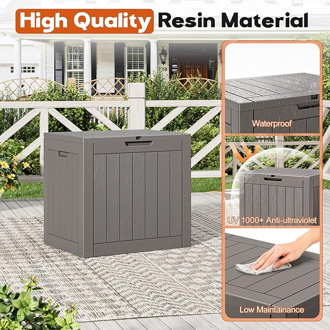 Outdoor Storage Box, Resin Deck Boxes Indoor and outdoor, Waterproof Storage Box Lockable Lid (Grey,35 Gallon)