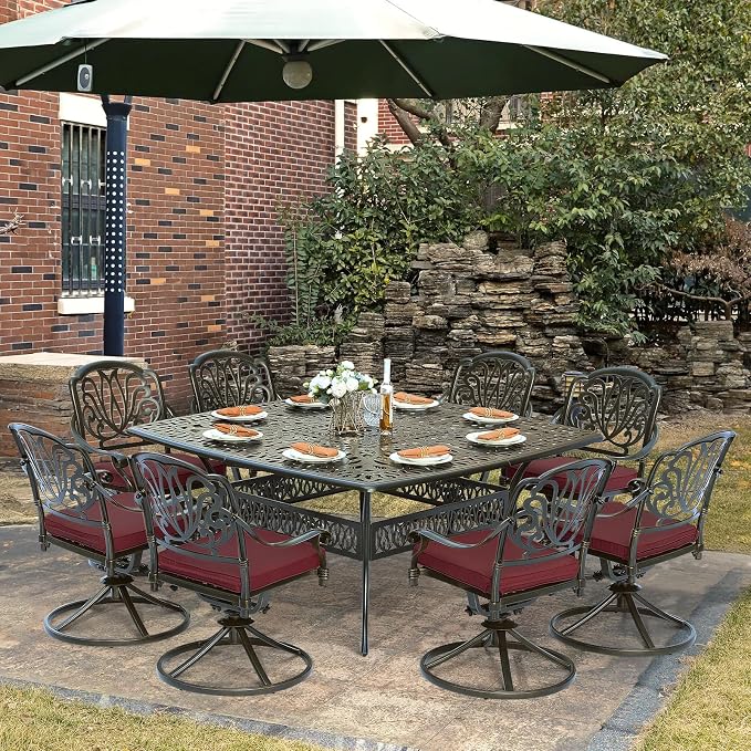 9-Piece Patio Cast Aluminum Dining Set, Outdoor Dining Furniture Set for 8 Person, Includes 64" Square Table and 8 Swivel Rocker Chairs with Umbrella Hole for Patio Deck Garden, Red