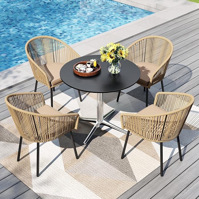 PHI VILLA 5-Piece Patio Dining Set, 30" Round Table, Wicker Chairs | Outdoor dining set for 4, Metal table with umbrella hole, Cushioned brown wicker chairs. Modern design for patio, deck, porch