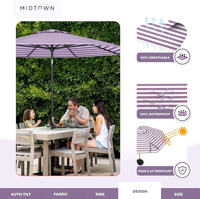Midtown Umbrellas – The Swilt 8 Ft Patio Umbrellas with 360° Swivel & Tilt Mechanism, Fiberglass Ribs & Terylast Polyester Fabric for Backyard, Deck, Pool & Cafes - Midtown Stripes Canopy, Black Pole