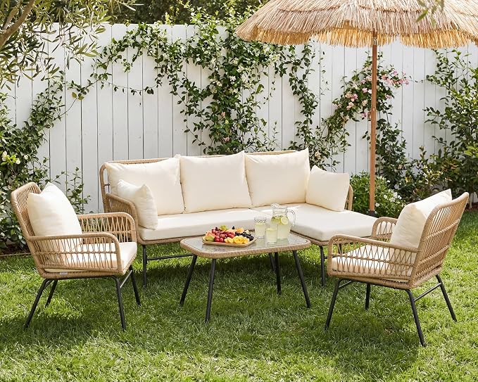 RADIATA 5 Pieces Outdoor Patio Boho Furniture Set, High Back Wicker Conversation Set with Side Table, Sturdy Rattan Sofa and Chair for Balcony Porch Deck Garden, Beige