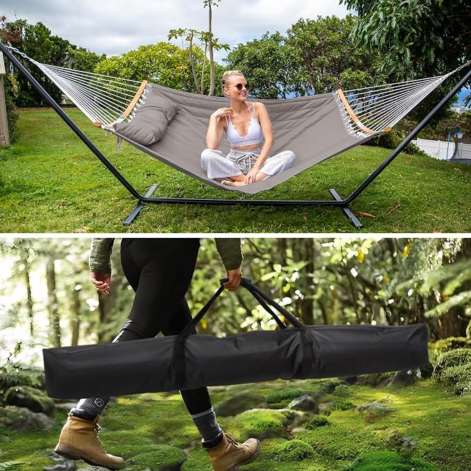 SUNCREAT Hammocks Portable Hammock with 12 Ft Stand, Double Hammock with Spreader Bar, Heavy Duty Hammock Storage Bag