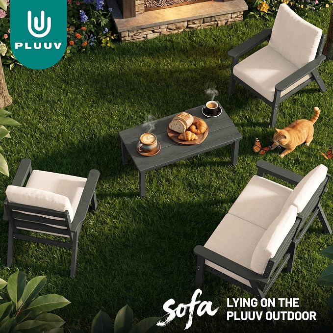 PLUUV 5-Piece HDPE Patio Furniture Set, Outdoor Sectional Conversation Set with Thick Washable Cushions & Coffee Table, All-Weather Modular Couch, Gray Frame with Khaki Cushion