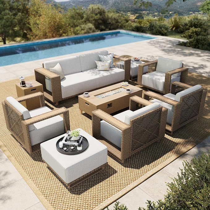 HERA'S HOUSE Patio Furniture Set with Swivel Chairs & Fire Pit, 9 Pieces Outdoor Yellow Rattan Wicker Sofas, Deep Seating Conversation Set with 10" Thick Cushion, Low Profile Deck Yard Lawn Furniture