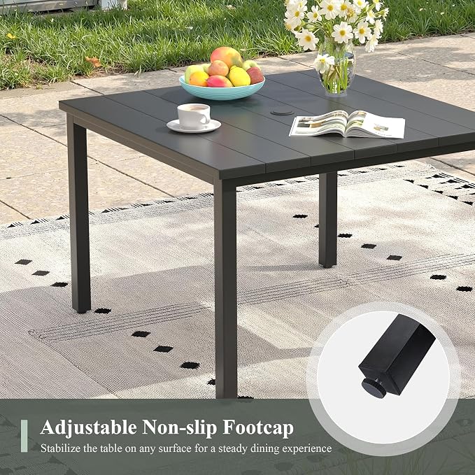5 Pieces Outdoor Dining Set, 40.2" Square Table with Umbrella Hole & Stackable Patio Dining Chairs, Patio Table and Chairs Set for Deck Garden Porch, Black Chairs & Black Table