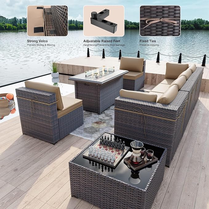 Kullavik 8 Pieces Outdoor Patio Furniture Set,Sectional Sofa Set with 43" 55000 BTU Gas Propane Fire Pit Table,Brown PE Rattan Wicker Patio Conversation Set,Sand