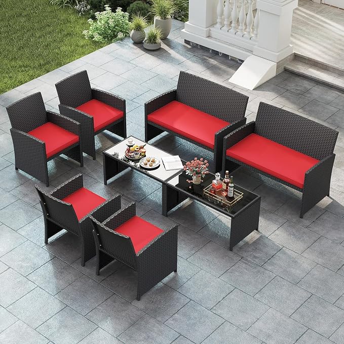 Tangkula 8 Pieces Patio Wicker Furniture Set, Outdoor Heavy Duty Rattan Cushioned Chairs, Loveseat and Tempered Glass Coffee Table, for Backyard, Balcony, Poolside