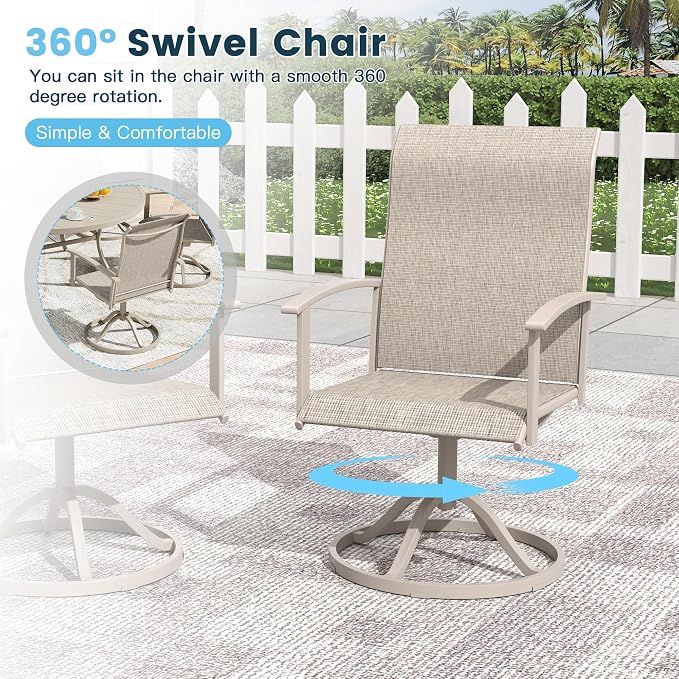 9 Pieces Outdoor Patio Dining Table Set, 63" All Weather Round Metal Table with Umbrella Hole and 8 High Back Textilene Swivel Chairs for Garden, Lawn, Poolside, Sandshell