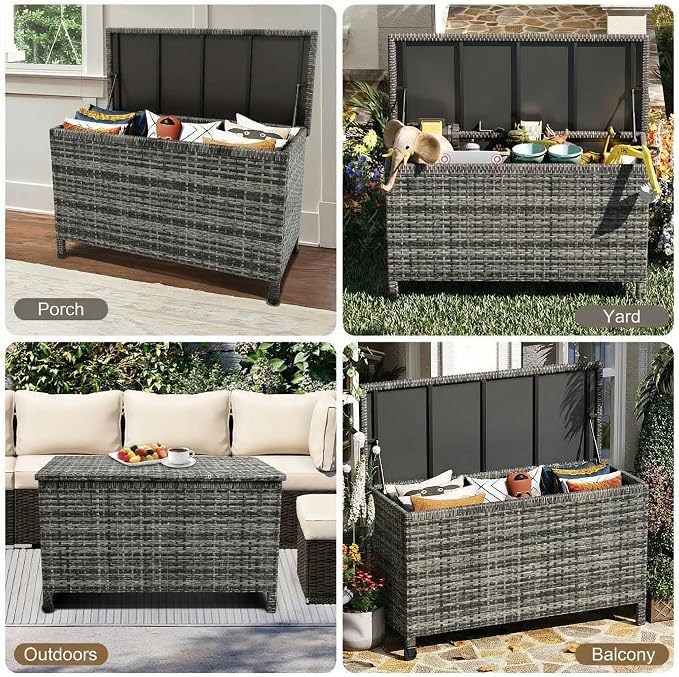 185 Gallon Outdoor Storage Box with Wheels - Large Wicker Rattan Deck Box for Patio Cushions, Garden Tools, Pool Floats & Pillows, All-Weather Patio Furniture Storage, Gary