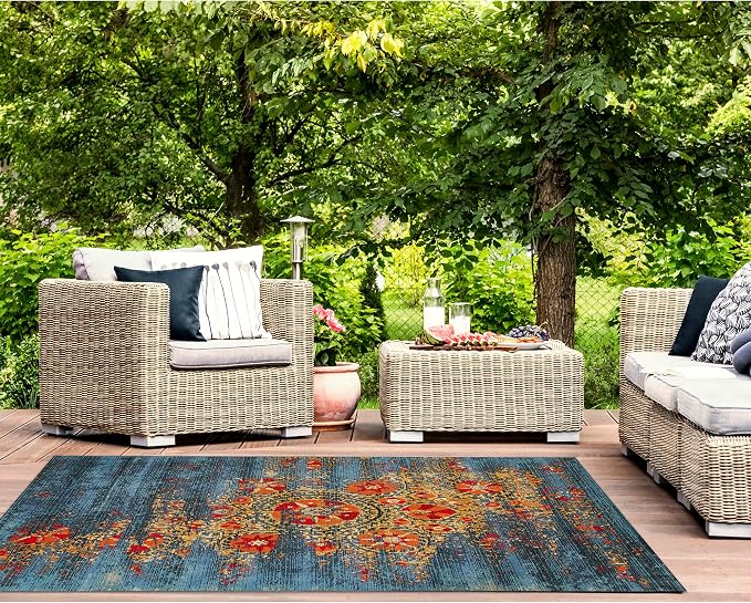 Liora Manne Marina Indoor/Outdoor Power Loomed Synthetic Blend Low Profile Area Rug - Contemporary Medallion Casual Colorful (Suzanie Blue) (2'7" x 4'3")