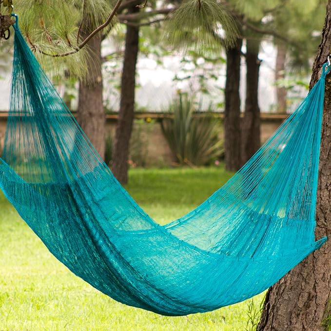 NOVICA Turquoise Blue Nylon Hand Woven Mayan Rope 2 Person XL Hammock with Hanging Accessories, 'Maya Bondi' (Double)
