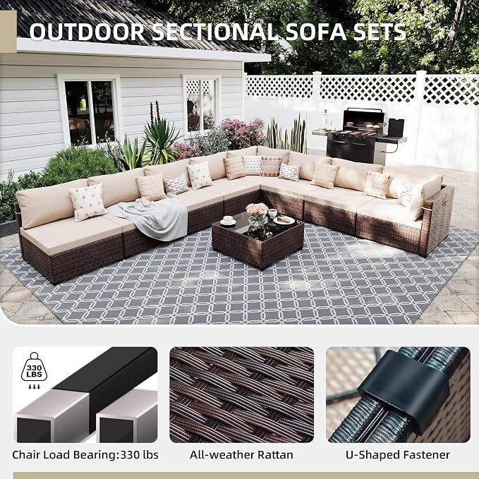 UPHA 9 Pieces Patio Furniture Sets, Wicker Outdoor Sectional Sofa Couch with Coffee Table, Patio Conversation Set for Deck Backyard Garden, Brown Rattan, Beige Cushion