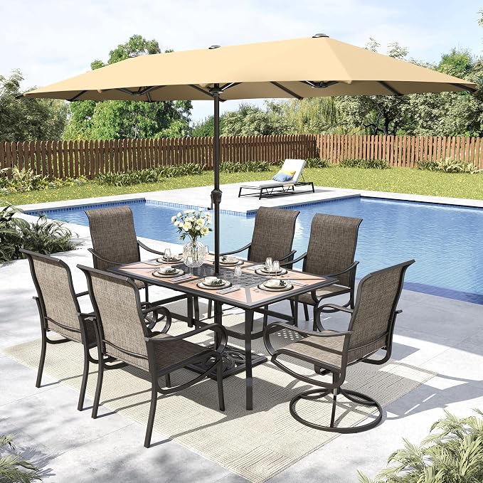 MFSTUDIO Outdoor Dining Set with Umbrella, Patio Dining Set for 6 Persons, Patio Furniture Set with 1 Rectangular Table Fixed Chairs 2 Swivel Chairs & Beige Umbrella (Base not Included)