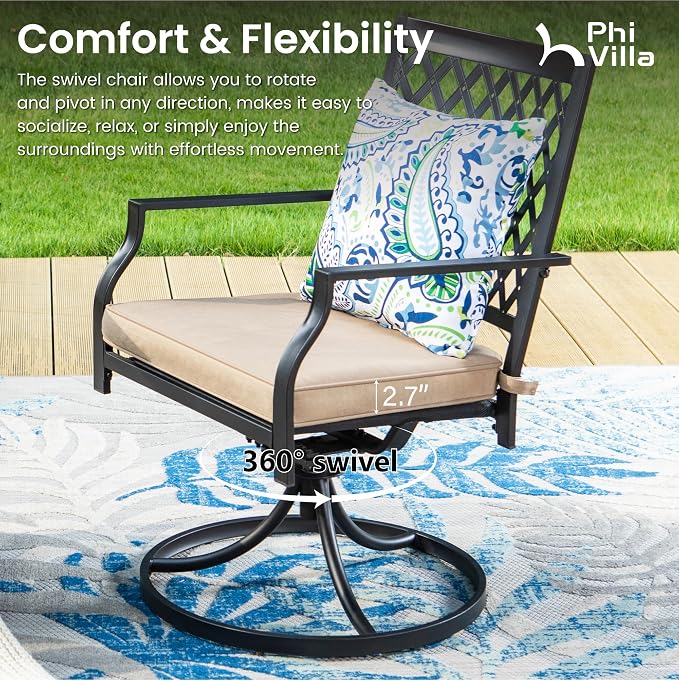 PHI VILLA 7 Pcs Outdoor Dining Set, 54" Round Table w/Umbrella Hole | 54" wrought iron table w/ umbrella hole &6 swivel chairs w/ cushions . Weather-resistant e-coated frame.Perfect for patio