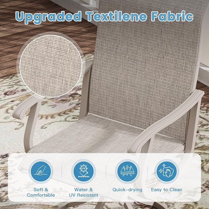 DIFY Patio Table and Chairs Set for 6, 7 Piece Outdoor Dining Set, 50" Grey Wood-Like Round Metal Dining Table with Umbrella Hole and 6 Sandshell Textilene Swivel Patio Chairs, for Garden Backyard