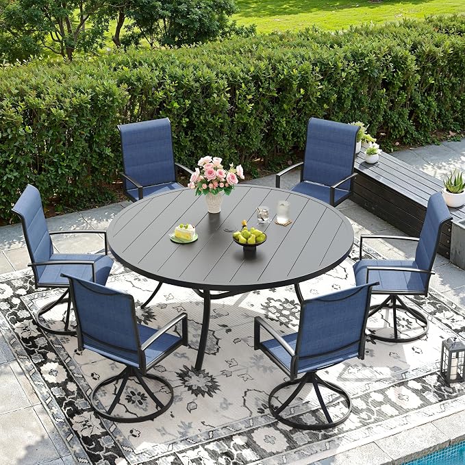 DIFY 7 Piece Outdoor Patio Dining Set for 6, 53" Black Round Metal Dining Table and Swivel Patio Chairs with Blue Padded Textilene, All-Weather Outdoor Furniture Set for Garden Backyard Porch