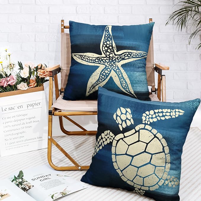 Starfish Sea Turtle Pillow Covers Pack of 2 Beach Coatal Throw Pillow Covers Navy Blue Nautical Themed Linen Cushion Case for Couch Living Room Outdoor Car 24x24