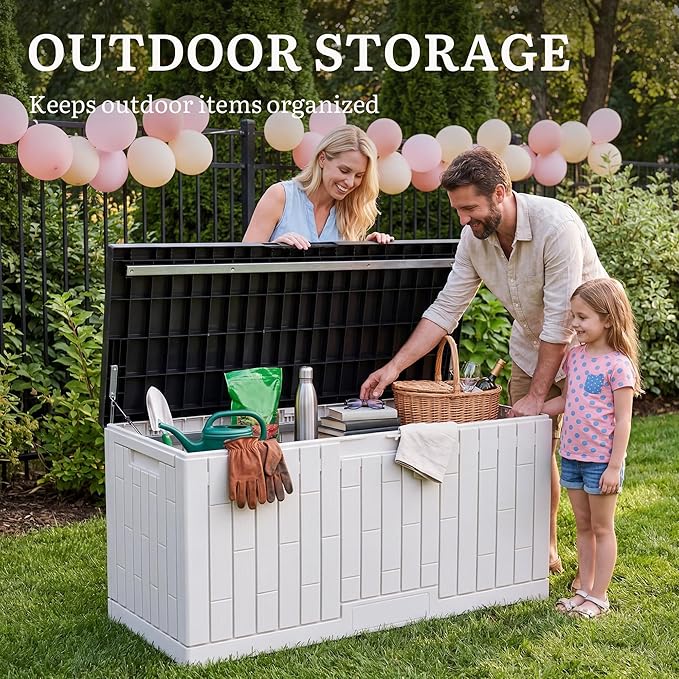 YITAHOME 120 Gallon Outdoor Storage Deck Box, Large Resin Patio Storage with Slide-Locking Black Lid, 2-Person Bench Seat for Outdoor Pillows, Garden Tools & Pool-Supplies, Waterproof, Grayish-White