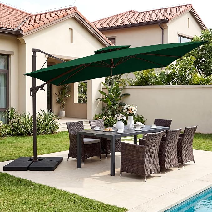 JEAREY 10ft 2-Tier Cantilever Patio Umbrella, Large Square Outdoor Offset Umbrella with Double Top Vent and 360-degree Rotation for Garden, Deck, Pool, Patio, Dark Green