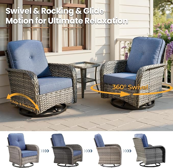 6 Piece Patio Swivel Rocker Chairs Set with Side Table, Denim Blue | High Back Deep Seating, All Weather Wicker, Outdoor Glider Chair Set, Porch Deck Backyard Balcony Furniture