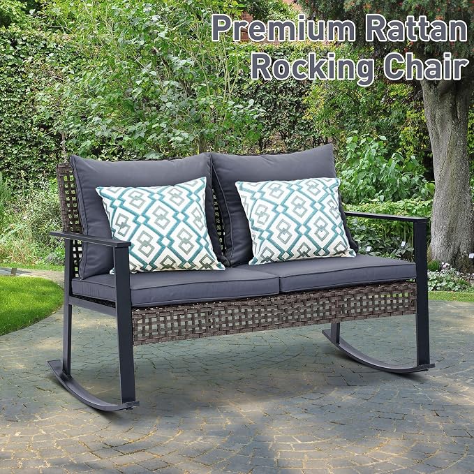 Ainfox Outdoor Wicker Loveseat Rocking Chair, Patio Rattan Rocker Chair with Cushions，All-Weather Modern Cozy Rocking Wicker Furniture for Garden Backyard Porch, Grey