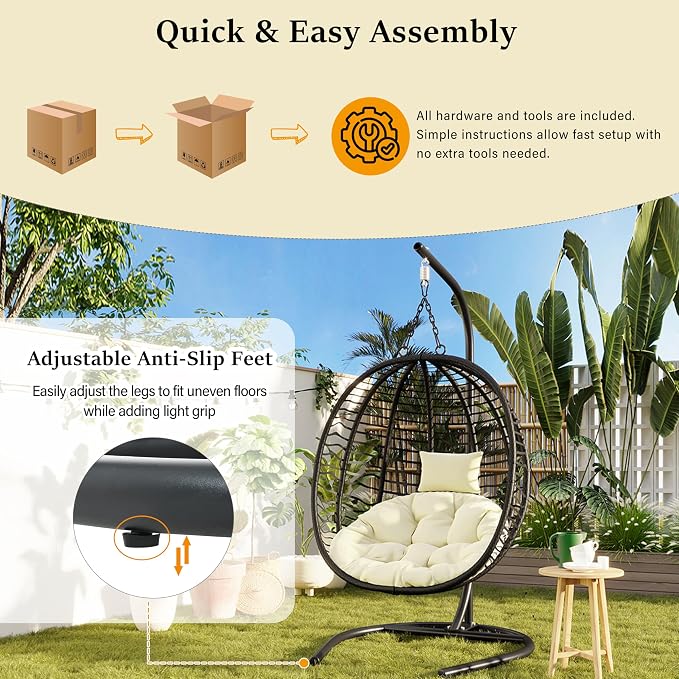 Folding Egg Chair, Outdoor Hanging Hammock Chair with Stand, Patio Wicker Hanging Chair with Iron Frame and Plush Cushion & Removable Headrest for Bedroom, Balcony, Garden (C-BlackBeige)