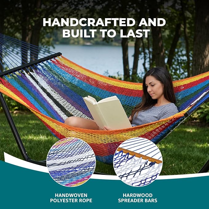 Bliss Hammocks 2-Person Hammock, Weekender 80" x 55" Double Seater Hammock w/Woven Polyester Rope & Wood Spreader Bar - 450 Pound Capacity, Multicolor