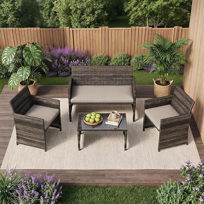IDEALHOUSE 4 Piece Outdoor Wicker Patio Furniture Set, with Coffee Table & Seat Cushions for Backyard, Porch Seating