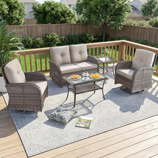 5 Piece Patio Furniture Set - Wicker Patio Conversation Set with Swivel Glider, Glider Loveseat, Tempered Glass Side Table and Coffee Table for Deck Backyard - Brown Wicker Beige Cushion