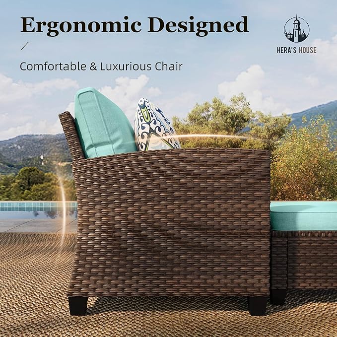 HERA'S HOUSE Small Patio Furniture Set, 3 Pieces Wicker Outdoor Sectional Set, L-Shaped Patio Couch Set, Modular Rattan Conversation Set with Lounge Sofa and Ottomans for Deck Lawn Garden, Blue
